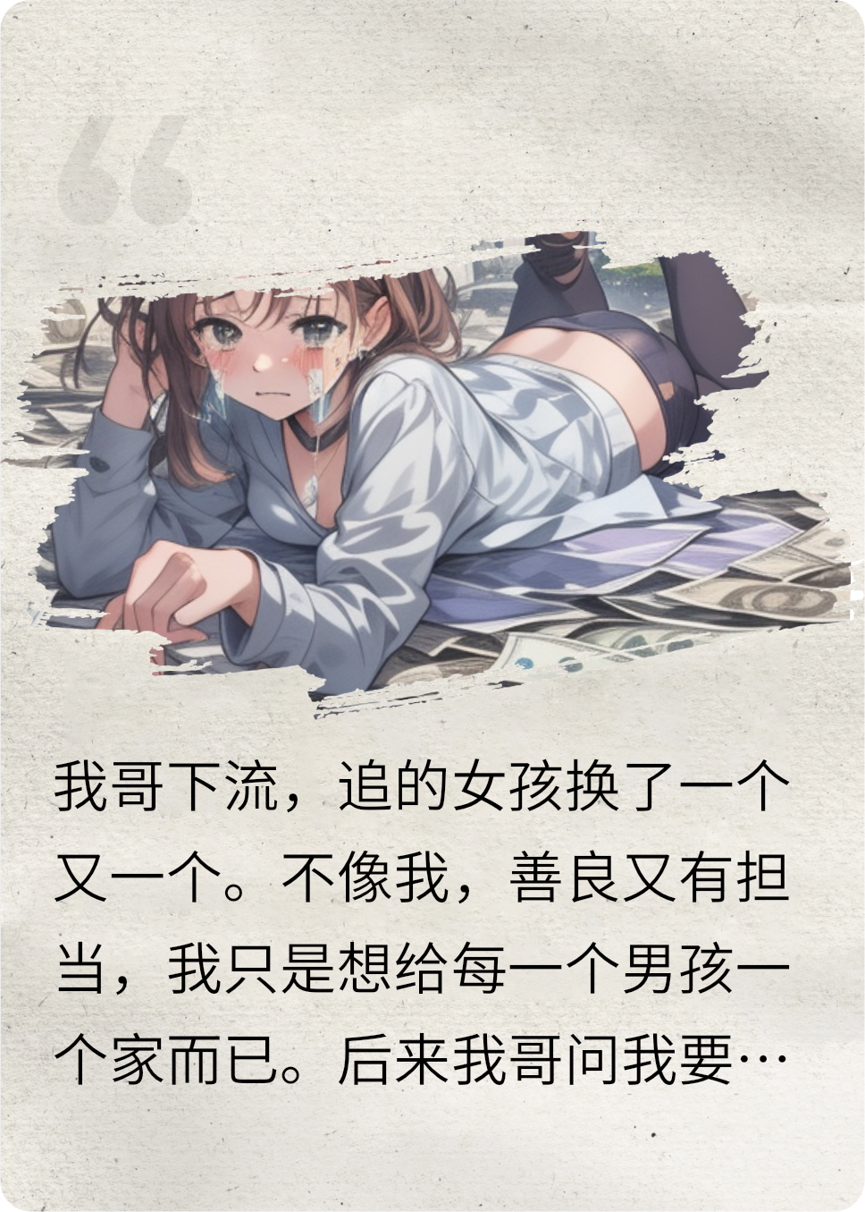 躺在钱上流下了被爱所伤的泪花