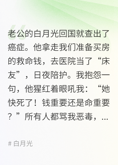 老公去给白月光当“床友”后，我让他人财两空