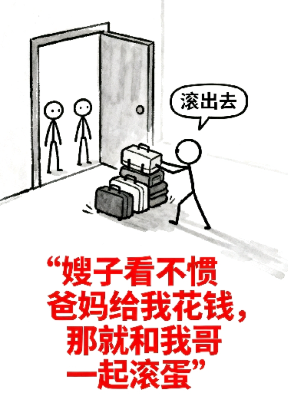 嫂子看不惯爸妈给我花钱，那就和我哥一起滚蛋