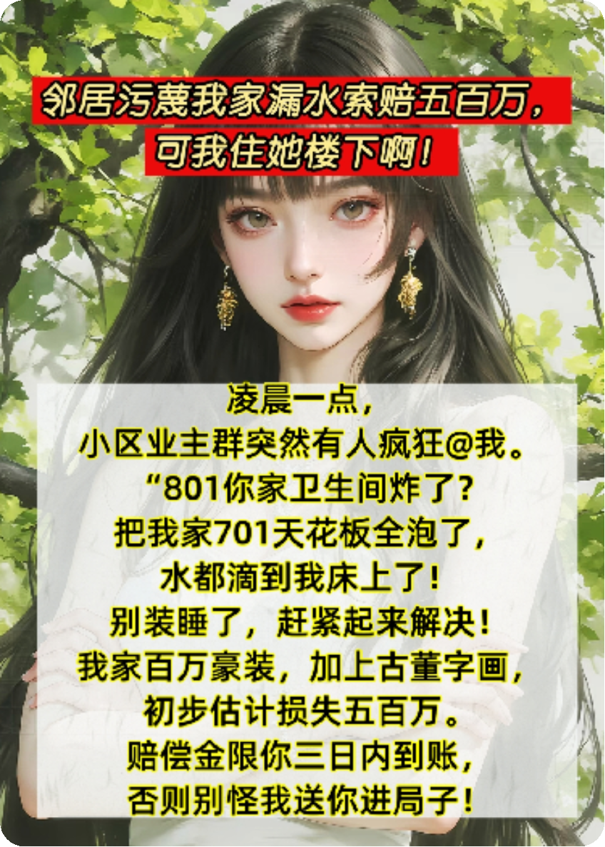 邻居污蔑我家漏水索赔五百万，可我住她楼下啊