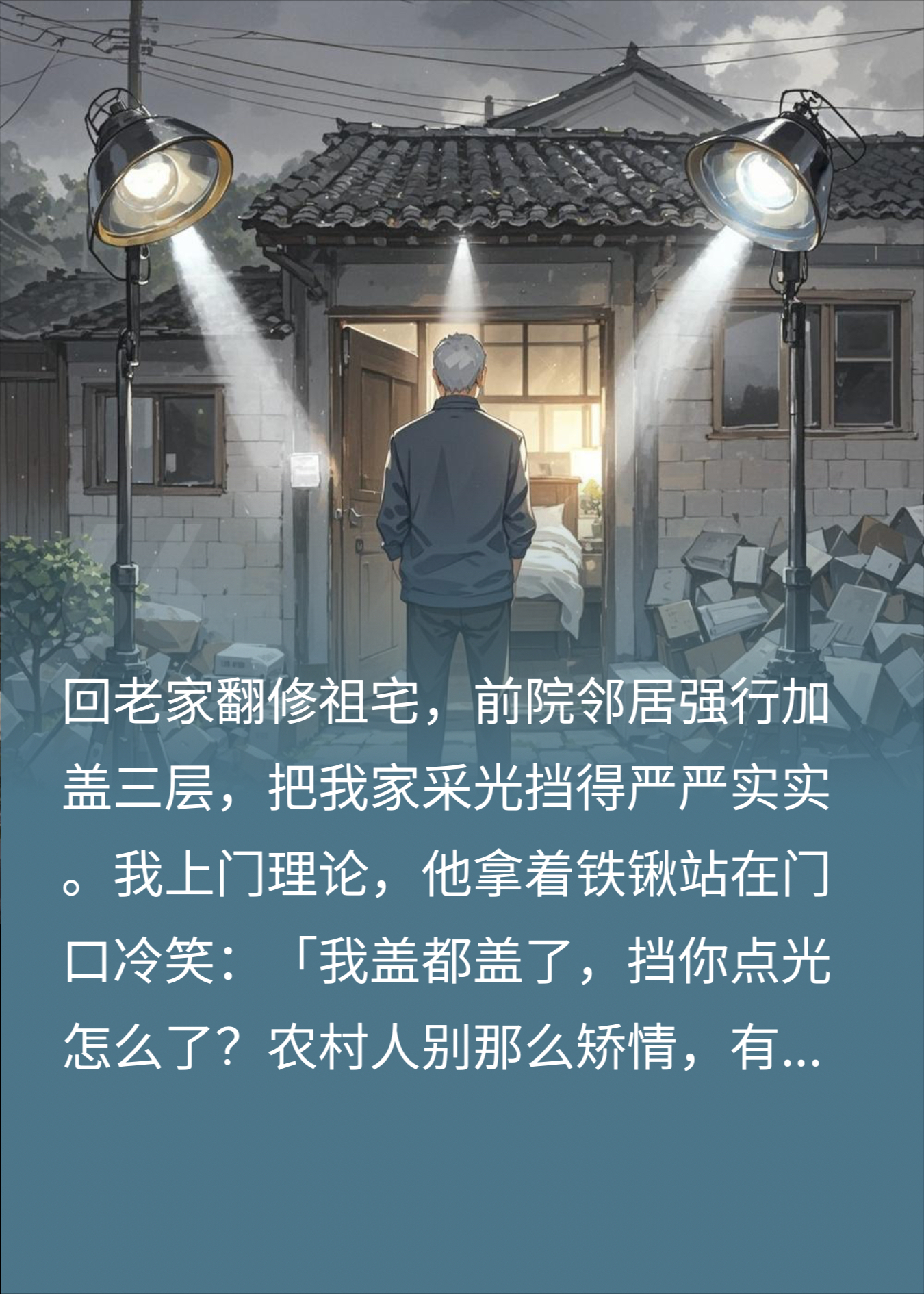 恶邻加盖三层挡我采光，我用四盏探照灯照得他跪地求饶