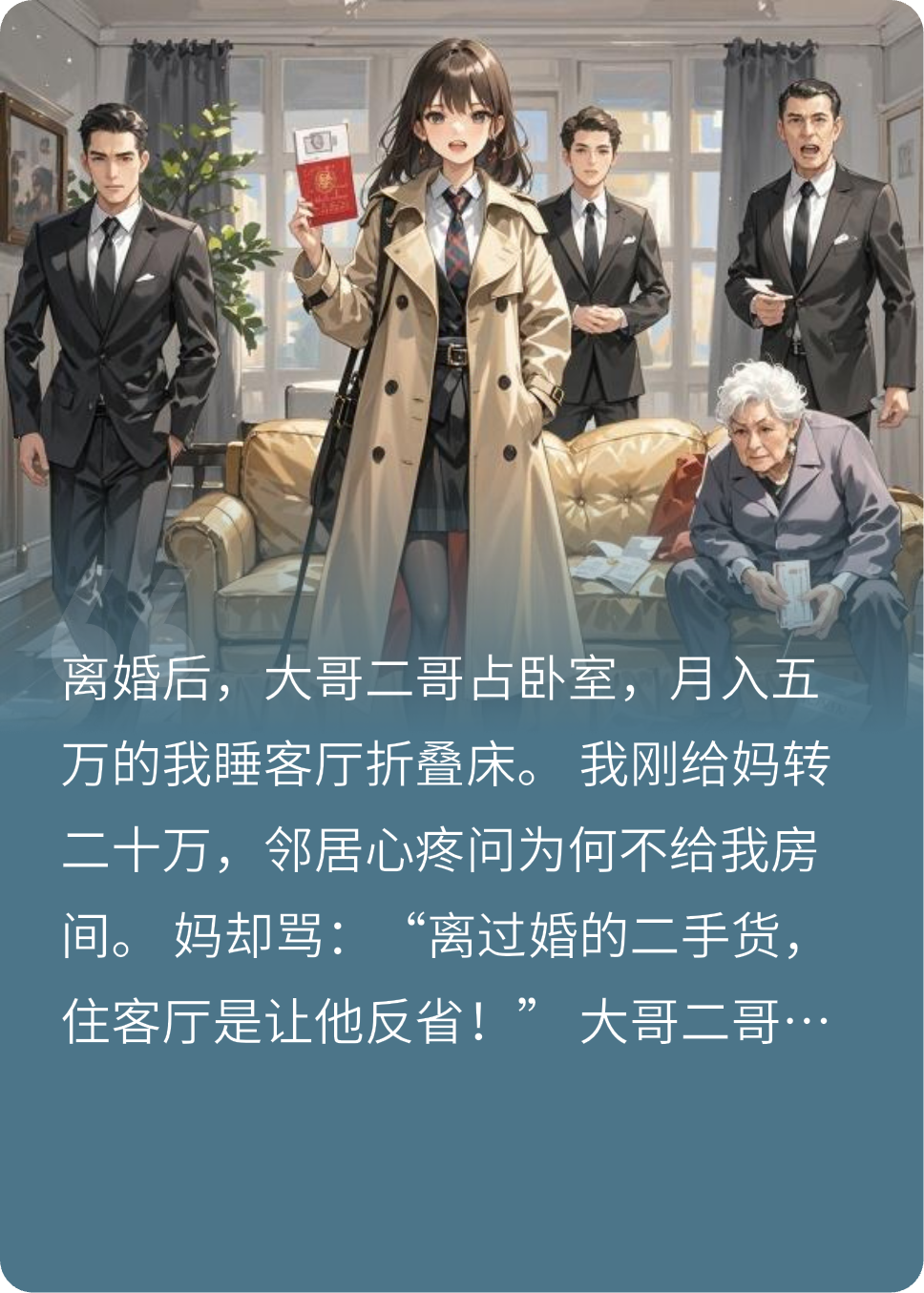 月薪五万睡客厅，前妻上门让他们滚蛋后全家悔疯了