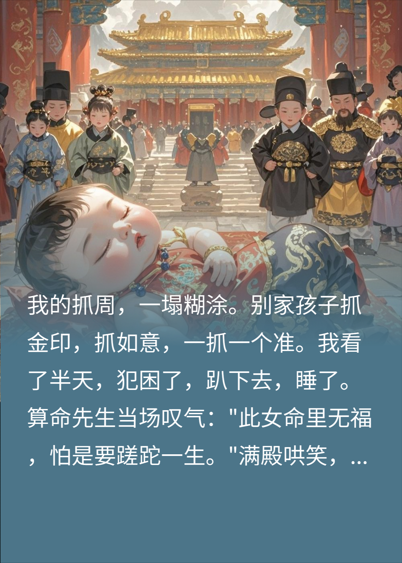 抓周我呼呼大睡，皇子趴肚子上，全场傻眼