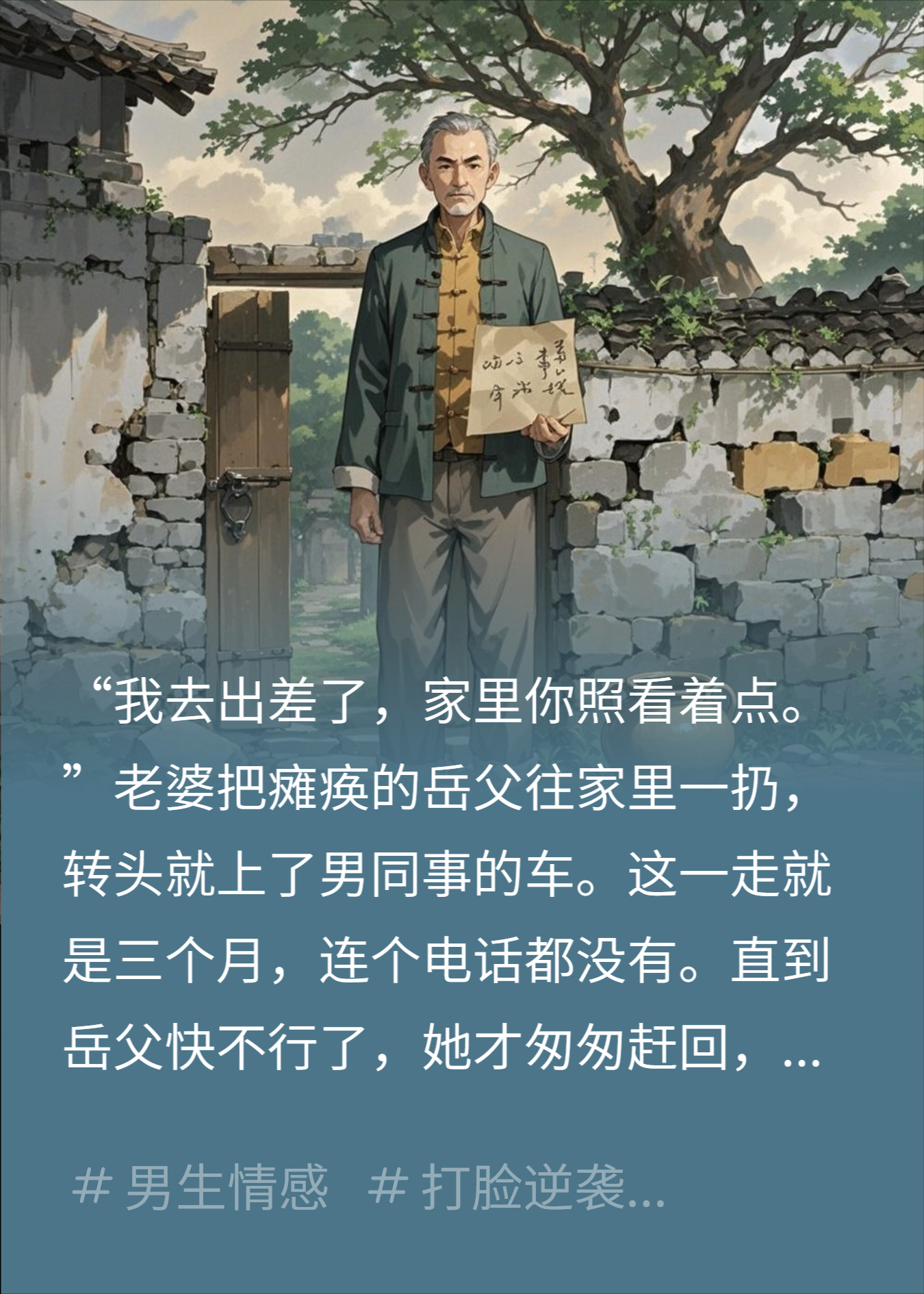 老婆出差三个月，岳父临终塞一张字条，让她悔断肠