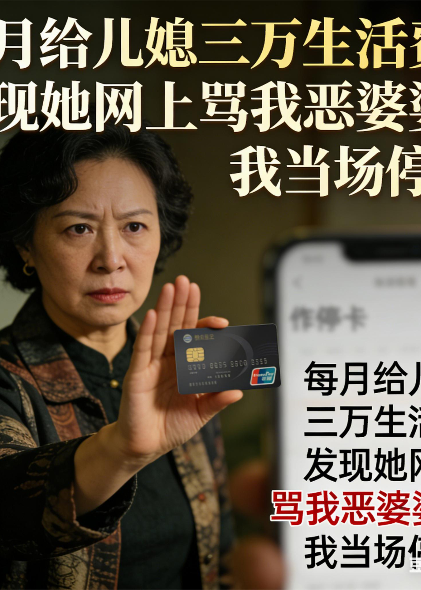 每月给儿媳三万生活费，她网上骂我恶婆婆，我当场停卡