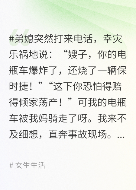 弟媳说我电瓶车爆炸烧了保时捷，我杀疯了